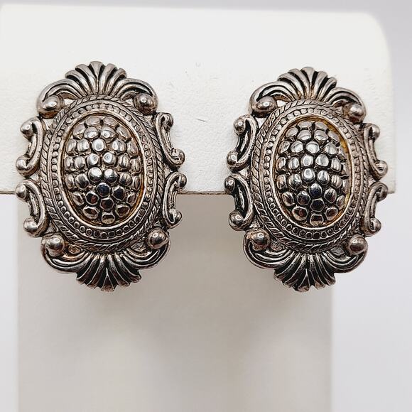 Vintage Ornate Silver Tone Clip On Earrings, 1 1/8 Inch - Picture 2 of 10